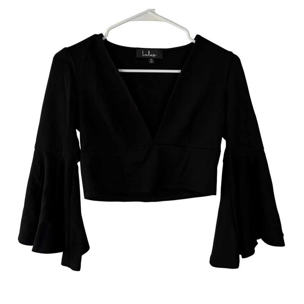 Lulus Black Bell Sleeve Womens V-Neck Crop Top Modal Blend Size M